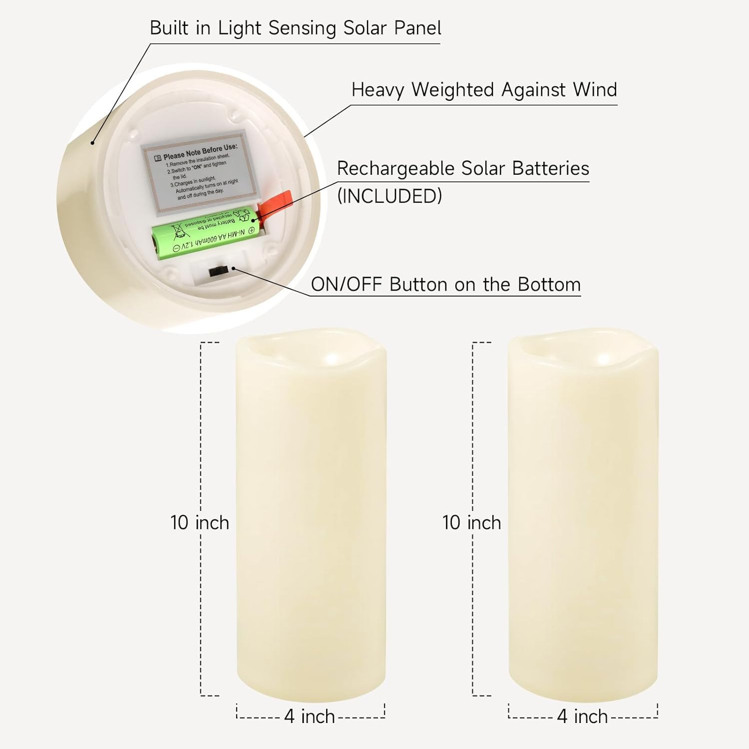NURADA Large Outdoor Solar Candles Waterproof - 10" x 4" Rechargeable Solar Powered Flameless LED Pillar Flickering Candle for Patio Porch Lanterns Decor - Ivory Set of 2