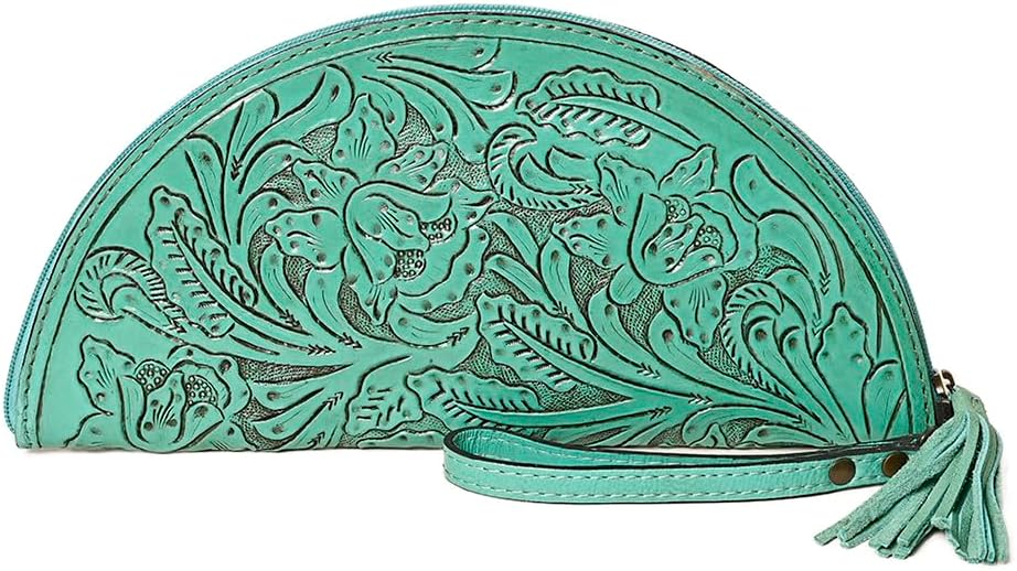 American Darling Western Hand-Tooled Leather Taco Bag for Women – Genuine Floral Carved Wristlet with Fringe Details