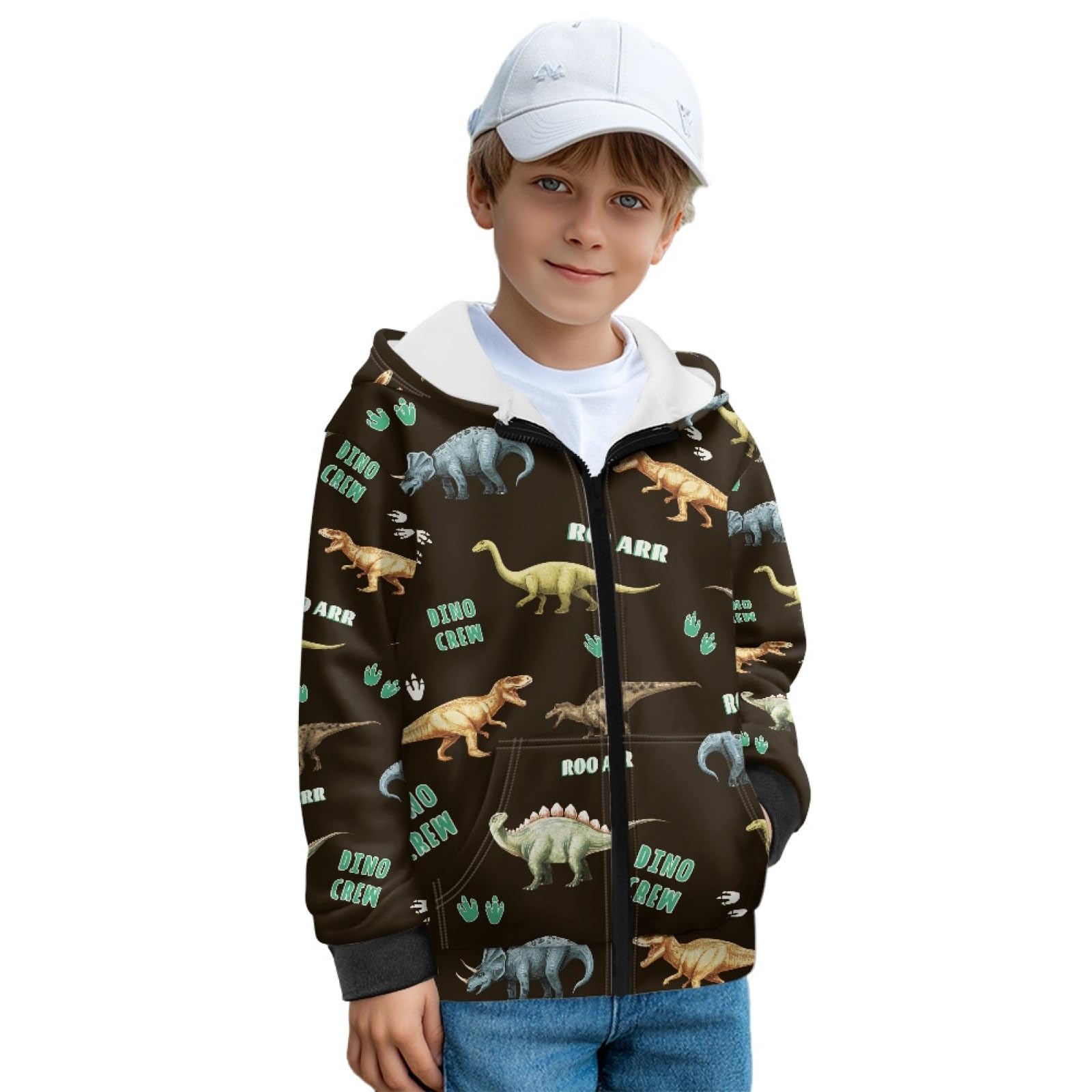 Xoenoiee Dziecięce bluzy z kapturem dla chłopców, zapinana na zamek, bluza 3D, fajna grafika zwierzęca, sweter z długim rękawem, top na jesień i zimę, Czarne dinozaury, 6-8 Years