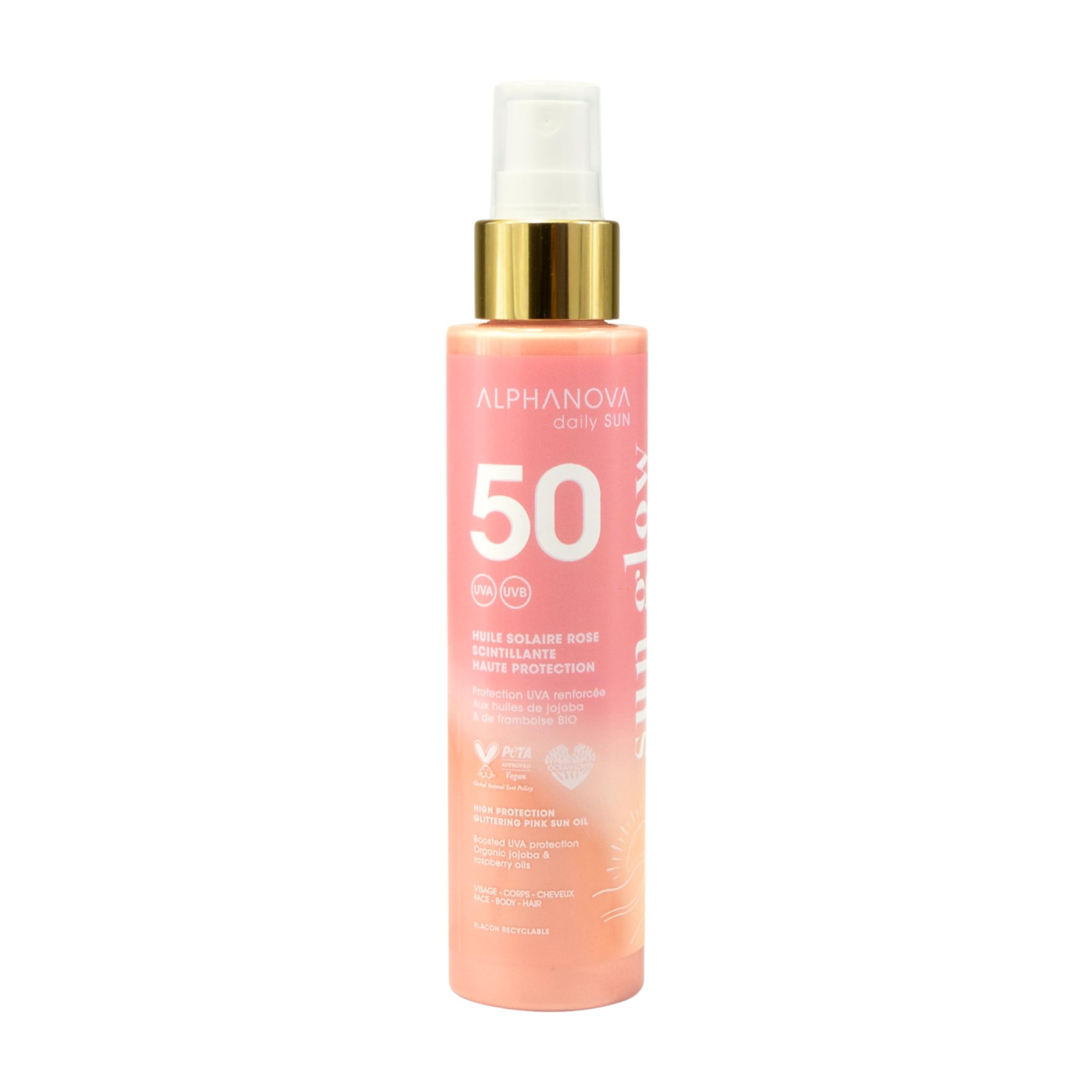 ALPHANOVA DAILY SUN - Huile Solaire SPF50 Scintillante Rose - SUN GLOW - naturel - écoresponsable - 125ml