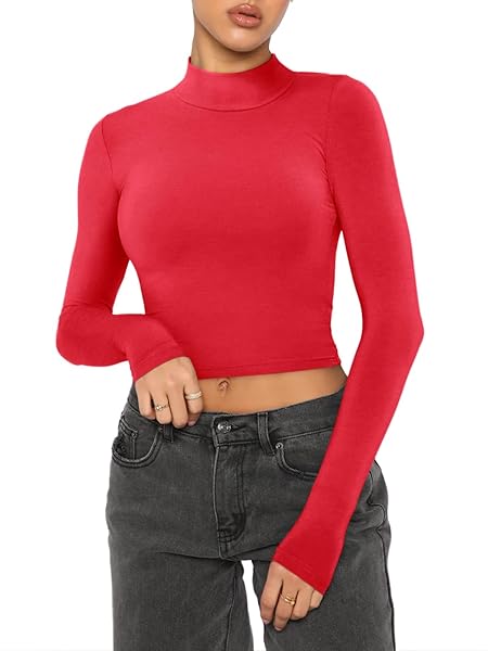 REORIA Women's Basic Cute Mock Turtleneck Long Sleeve Ribbed Tight Tshirts Crop Tops