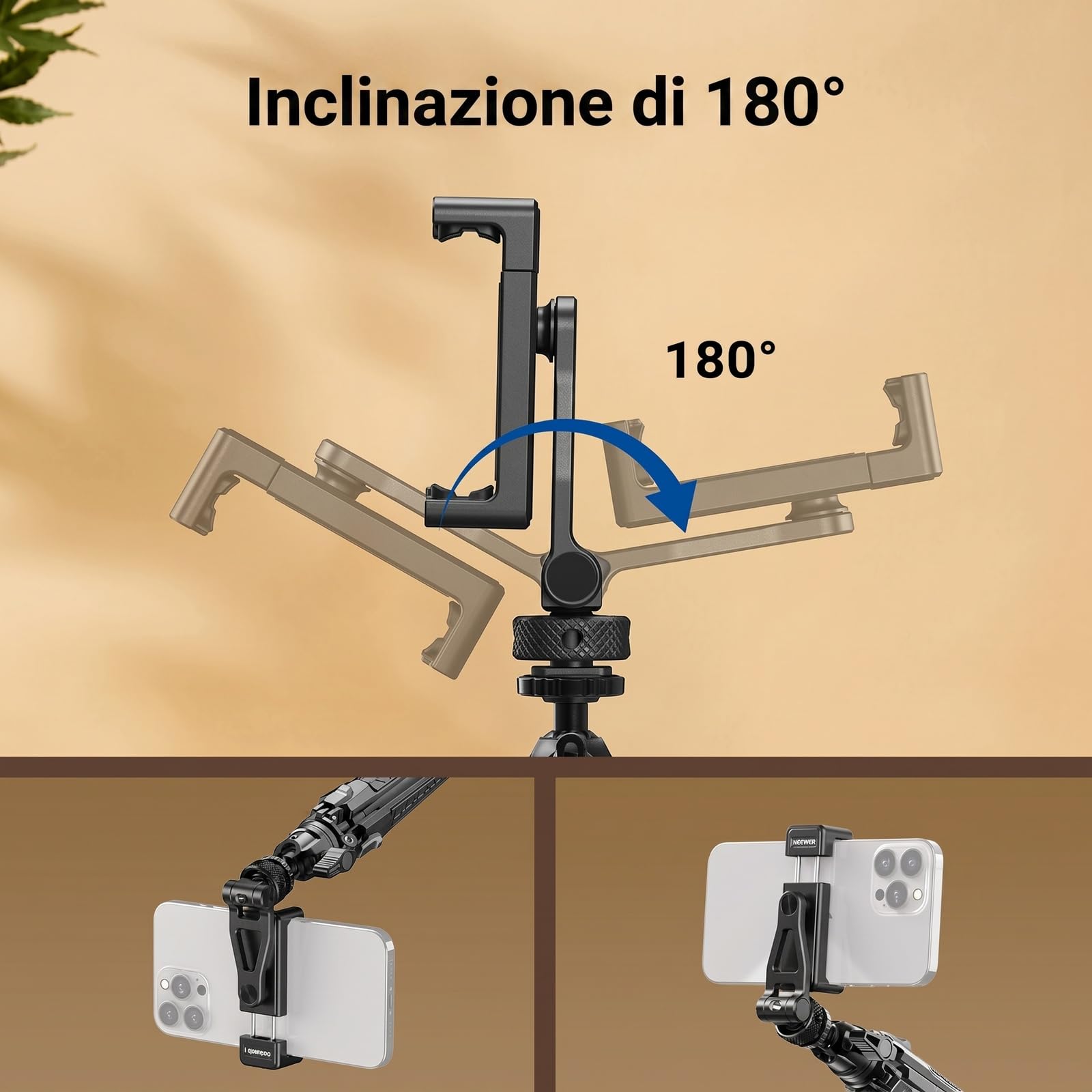 NEEWER Supporto Telefono da Treppiede in Metallo con Cold Shoe, Filettatura 1/4", Incl.180°,Rot.360°, Supporto Smartphone per Cavalletto Compatibile con iPhone 15 Pro Max S24 Ultra Camera Cage, GA010