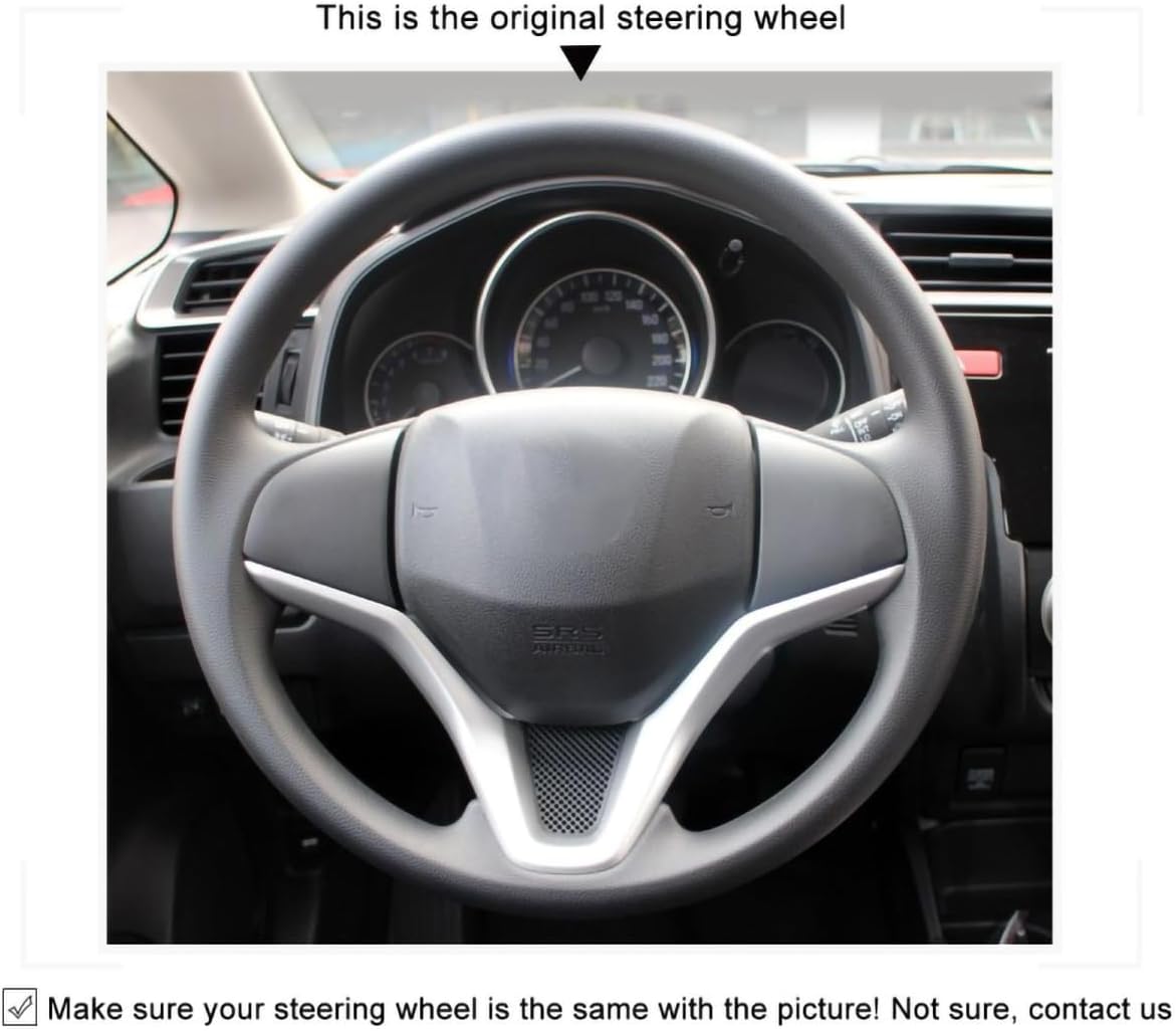 Loncky Black Genuine Leather Custom Fit Hand Stitched OEM Car Steering Wheel Cover for 2015 2016 Honda Fit / 2016 Honda HRV HR-V Interior Accessories DIY
