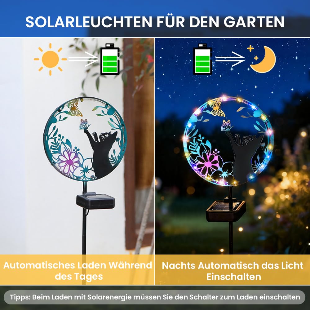 Solarstecker für Außen Garten, Solarleuchte Katze, Metall Solar Tiere für Außen Garten mit Schmetterling, Solar Gartenstecker, Gartendeko Solarlampen für Au-ßen Balkon Außenterrasse