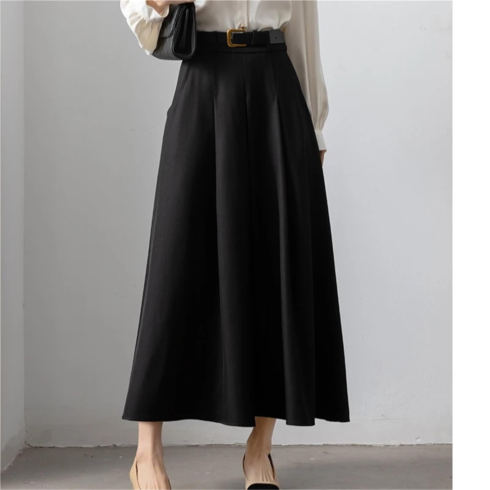 Falda Larga Faldas elegantes de otoño for mujer, cintura alta, con bolsillos, lisas, informales, holgadas, plisadas, oficina, corte A