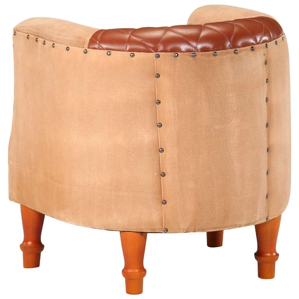 Brązowy fotel z prawdziwej skóry, lite drewno mango, 60 x 57 x 64 cm, wygodny fotel do salonu, sypialni, czytelni, przytulne siedzisko dla dorosłych