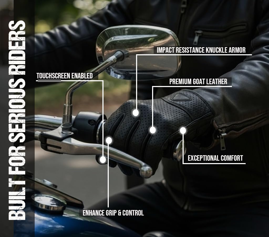Jackets 4 Bikes Męskie rękawice motocyklowe, skóra premium, perforowana, pancerz ochronny, na cruiser Street, sporty motorowe, wyścigi, jazdę, ATV, Dirt Bike, żelowe, wyściełane rękawiczkami, czarne,