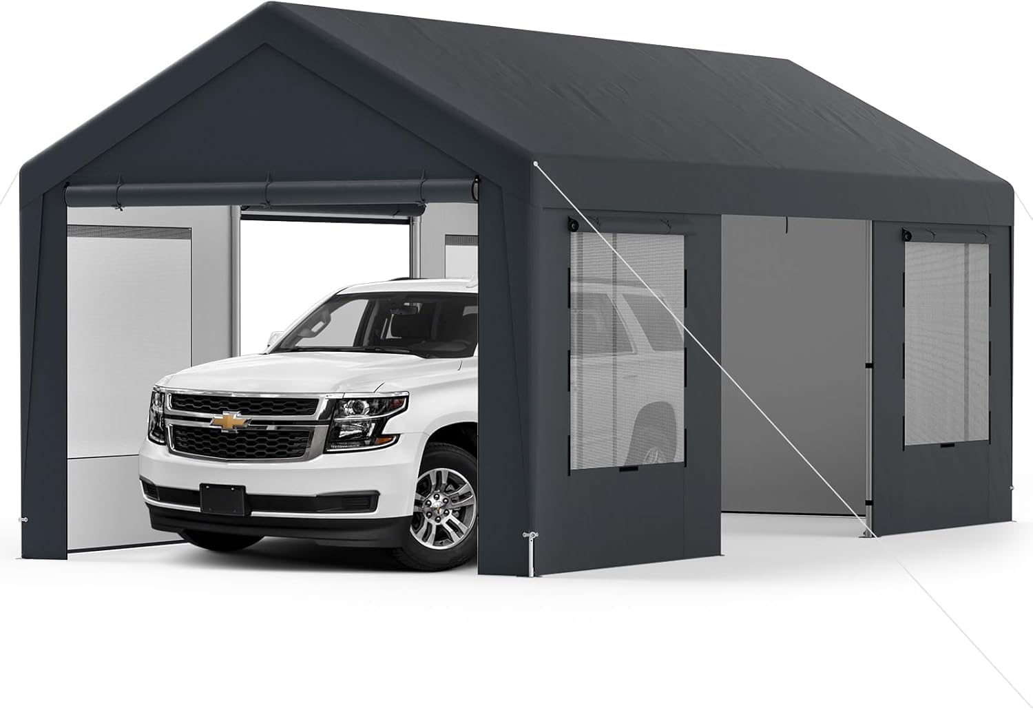 COSTWAY Garaje Exterior para Coche 5,95 X 3 m, 8 Paredes Laterales Desmontables, Puertas Enrollables, Ventanas Ventiladas, Carpa para Garaje para SUV Camión