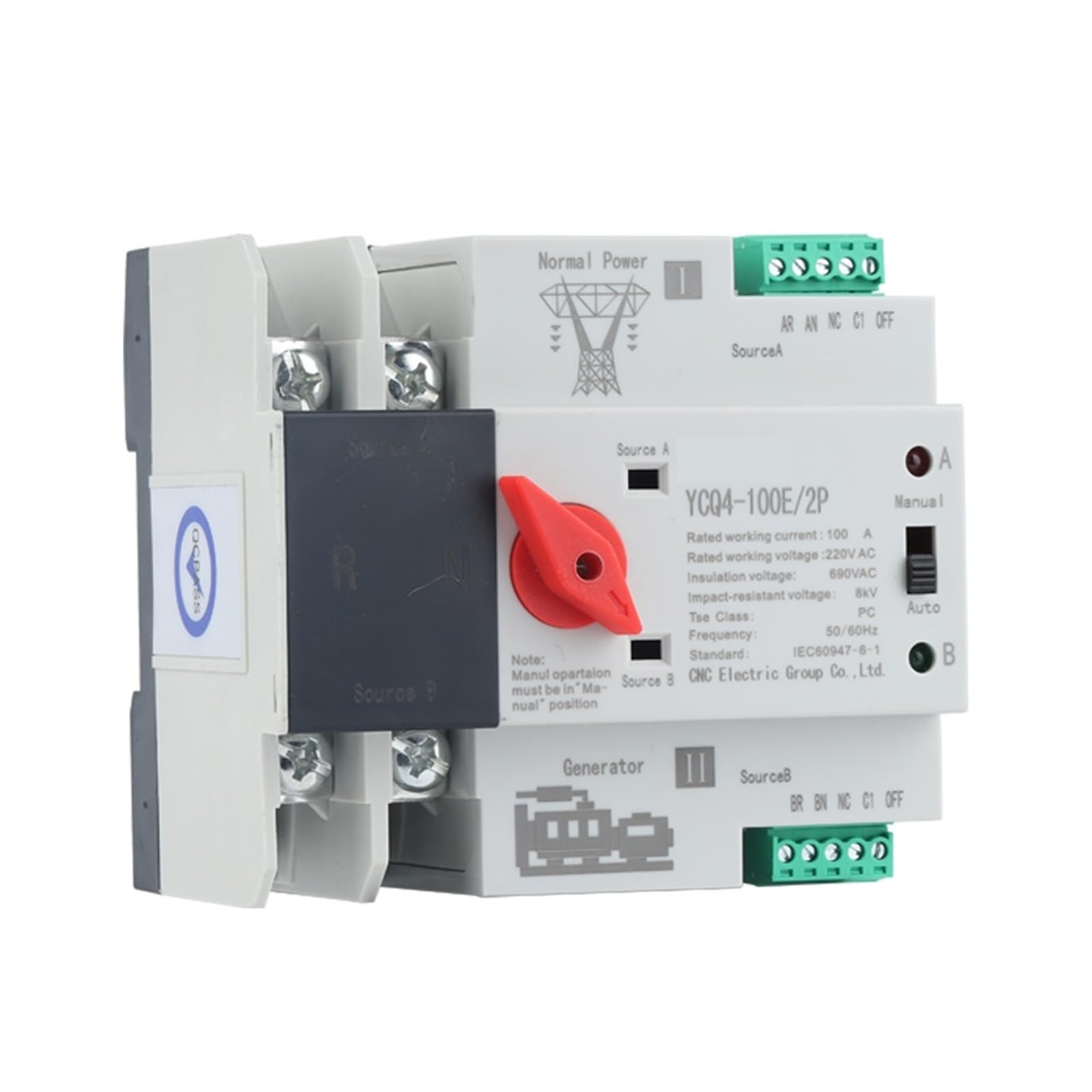 Inverseur de source automatique ATS YCQ4-100E 63A bipolaire pour rail Din monophasé