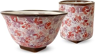 J-kitchens Workshop Sho ~ Square High Stand Rice Bowl + Cup Set, Pink, Full Bloom, Hasami Yaki, Made in Japan / 181280