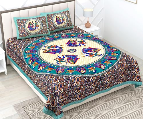 Image of RajasthaniKart Comfort Rajasthani Jaipuri Traditional Sanganeri Print 144 TC Cotton Double Bedsheet with 2 Pillow Covers - King, Round Dandiya (Green, Double)