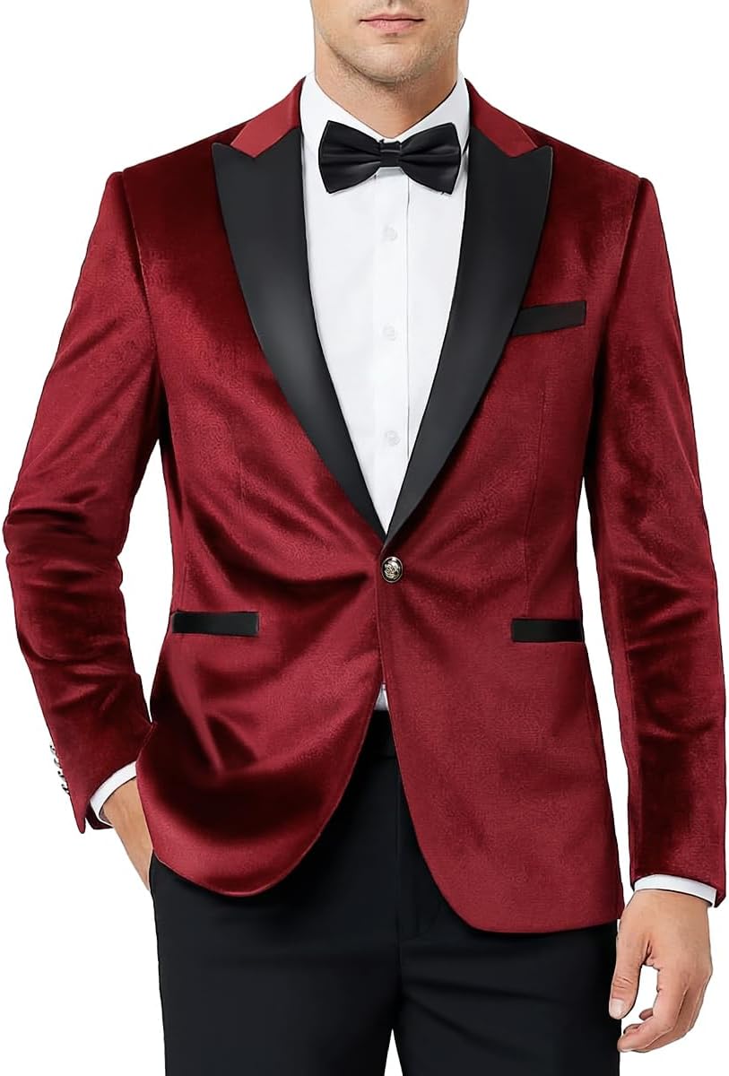 Men's Velvet Blazer One Button Casual Tuxedo for Men Blazer Lapel Prom Party Wedding Banquet