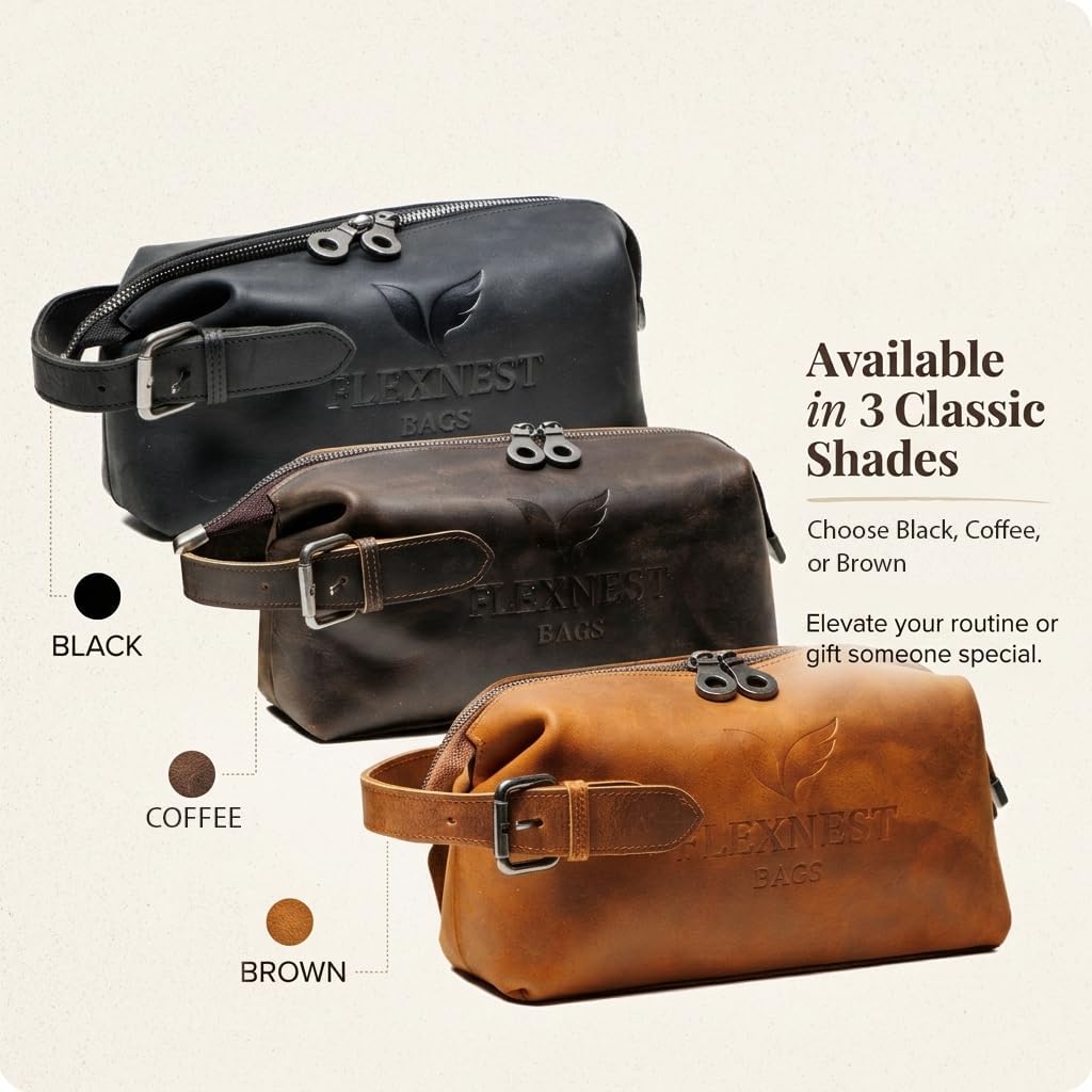 Flexnest Crazy Horse Leather Toiletry Bag for Men – Vintage Travel Dopp Kit Organizer with Spacious Compartment, Durable Leather, Smooth Zipper & Sturdy Handle (Coffee)