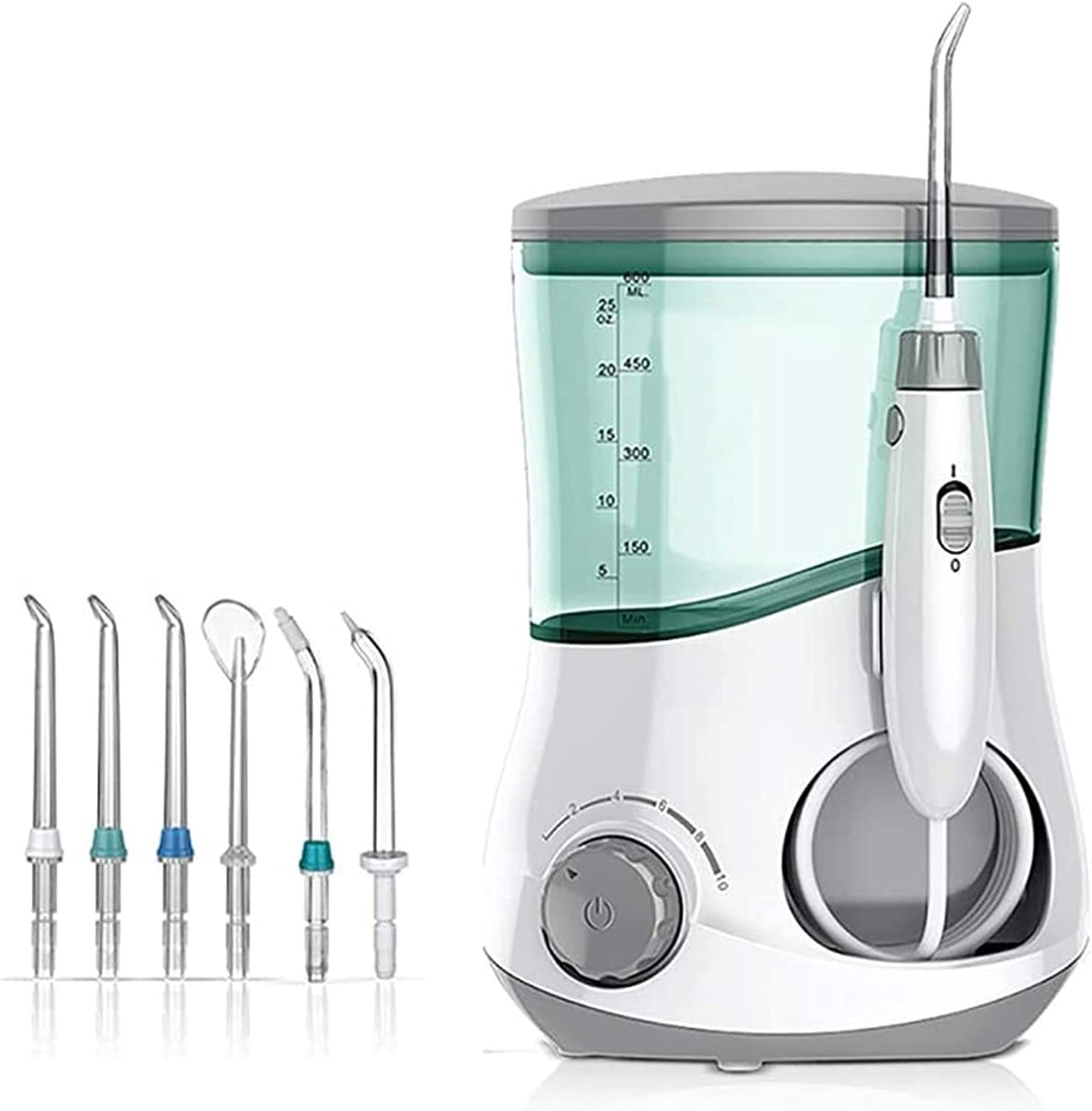 Irrigador de agua for dientes, irrigador bucal dental con 6 puntas de chorro, tanque de agua de 600 ml, base antideslizante, hilo dental eléctrico silencioso for el cuidado de los aparatos ortopédicos