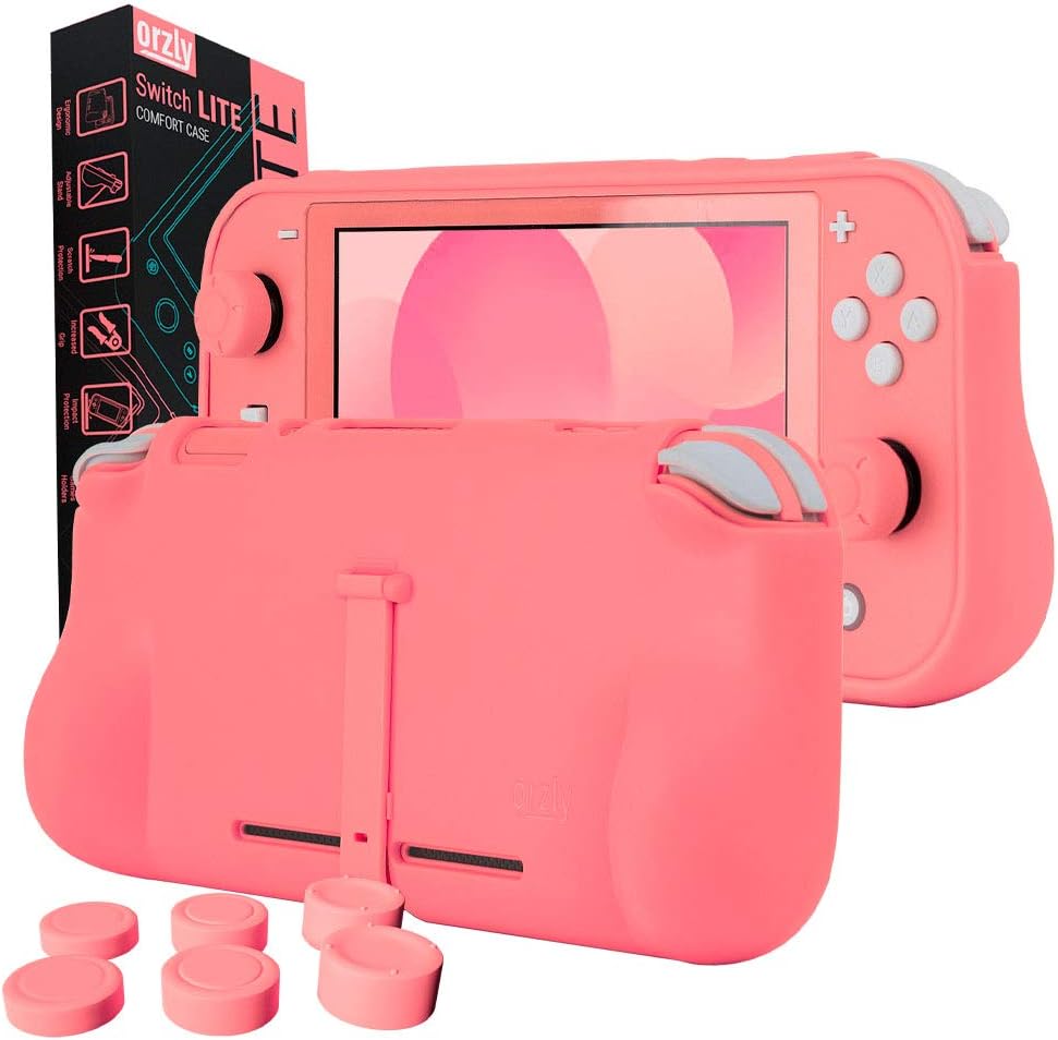 Orzly Grip Case Compatible for use with Nintendo Switch Lite – Case with Comfort Padded Hand Grips, Kickstand, & Pack of Thumb Grips - Coral