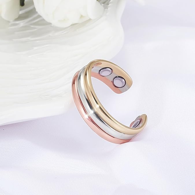 Copper Rings for Women, 99% Pure Copper Adjustable Magnetic Ring with 4 Magnets, Tricolor Gold Jewelry