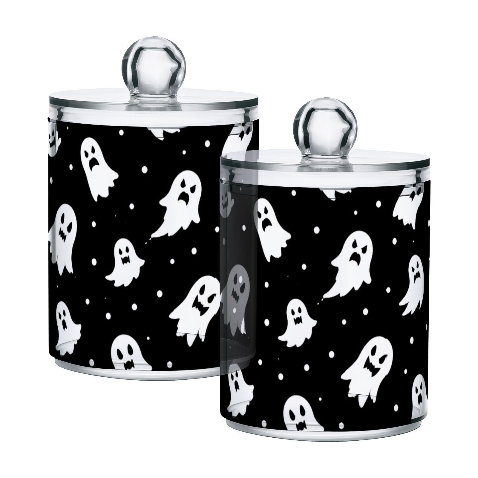 Lyeorm Halloween Pattern Apothecary Jars with Lid 2 Pack Qtip Holder Dispenser Bathroom Storage Organizer Clear Plastic Canister Jar for Cotton Ball, Cotton Swab