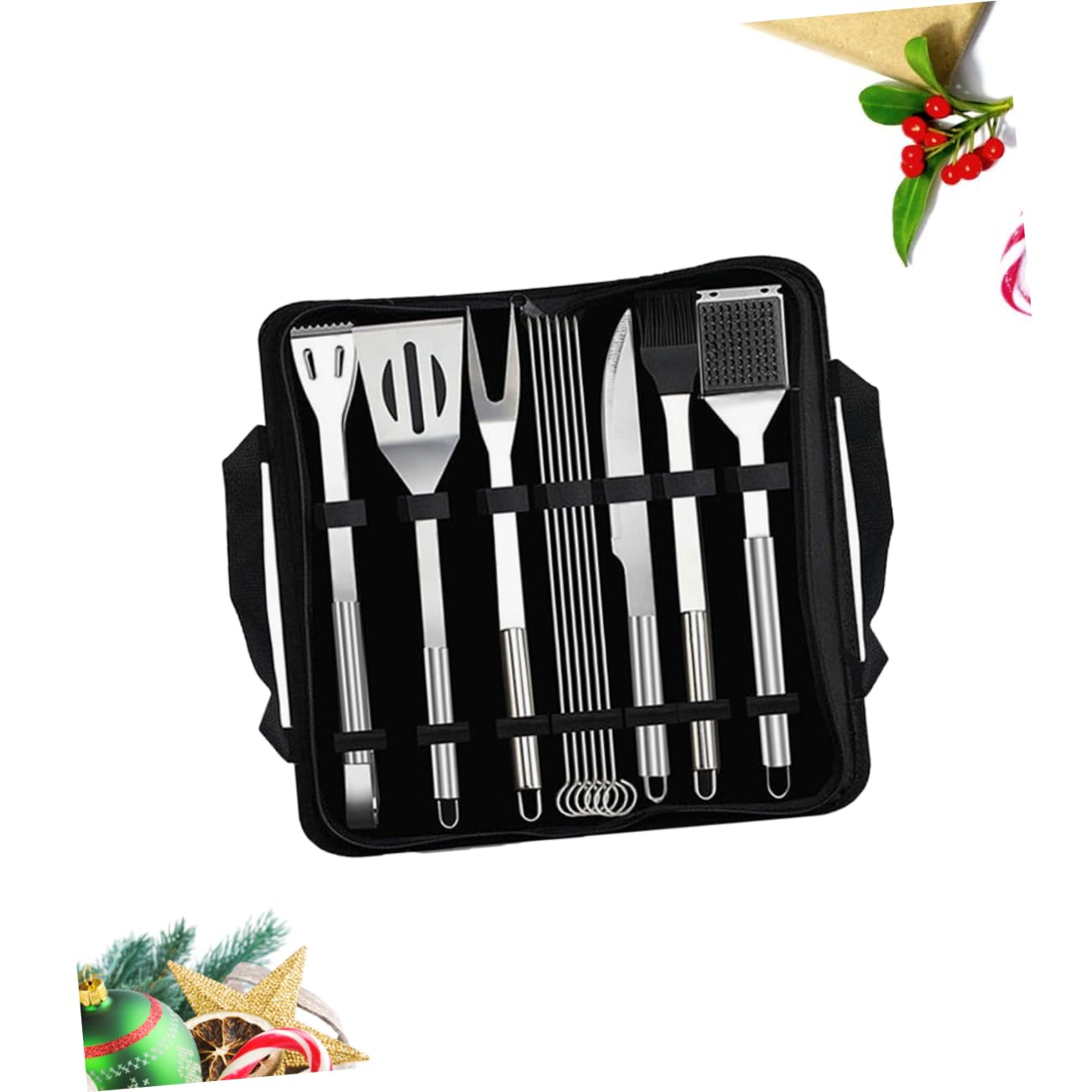 Alipis 12 Stück Grillwerkzeug-set Aus Edelstahl Mit Schaufel, Zange, Messer, Gabel, Bürste, Stahlbürste Und Spieß in Tasche Für Picknick Und Camping