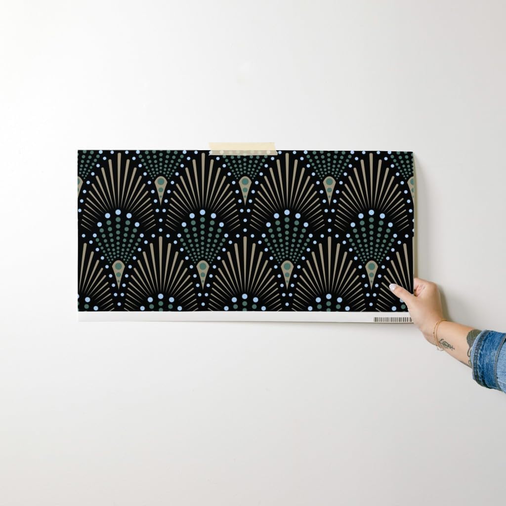 Peel & Stick Wallpaper Swatch - Art Deco Fan Black Green Brown Gold Geometric Dots Custom Removable Wallpaper by Spoonflower