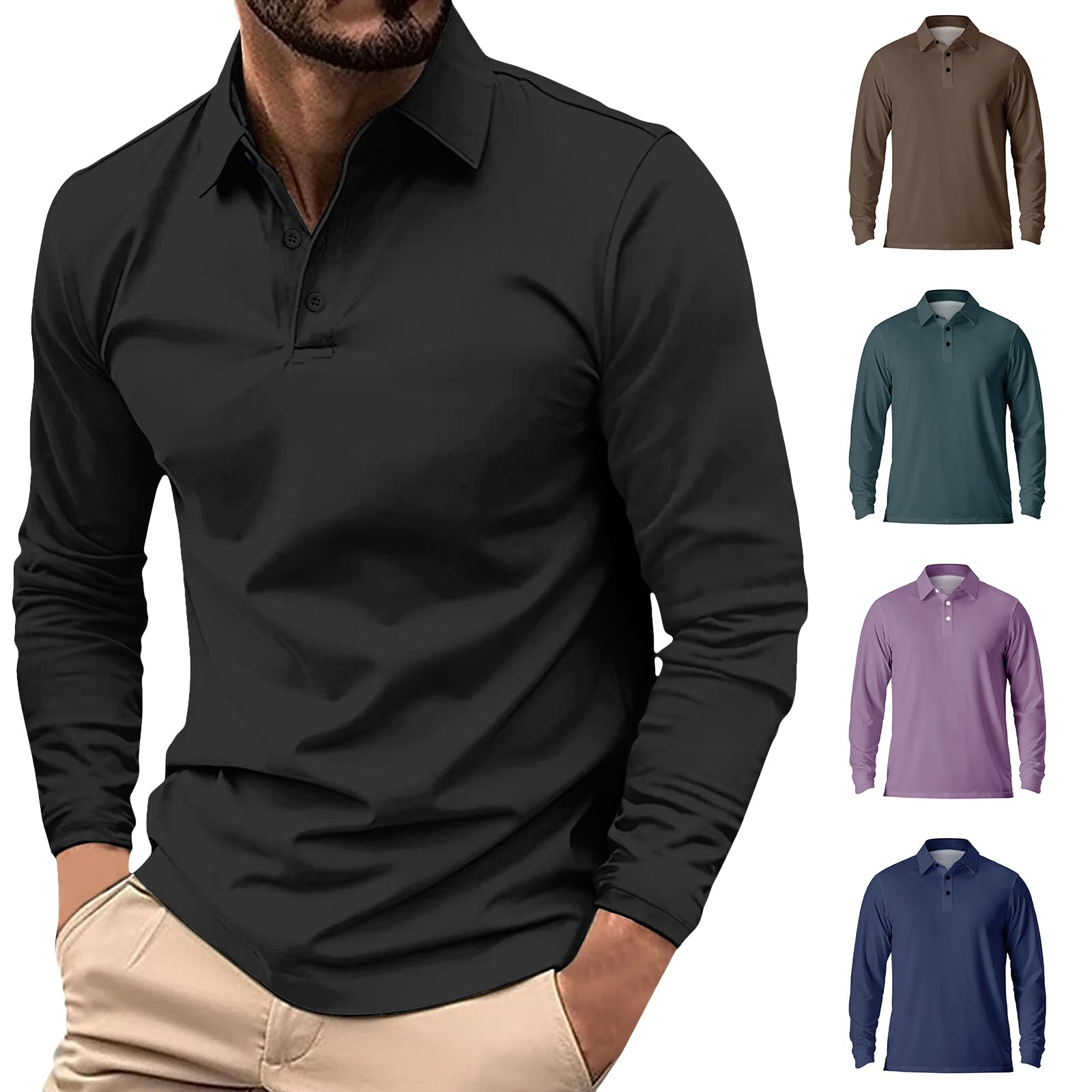 Pack de 3/5 Polos Homme Uni et Imprimé Dégradé Manches Longues Respirant Séchage Rapide pour Sport - Haute Performance