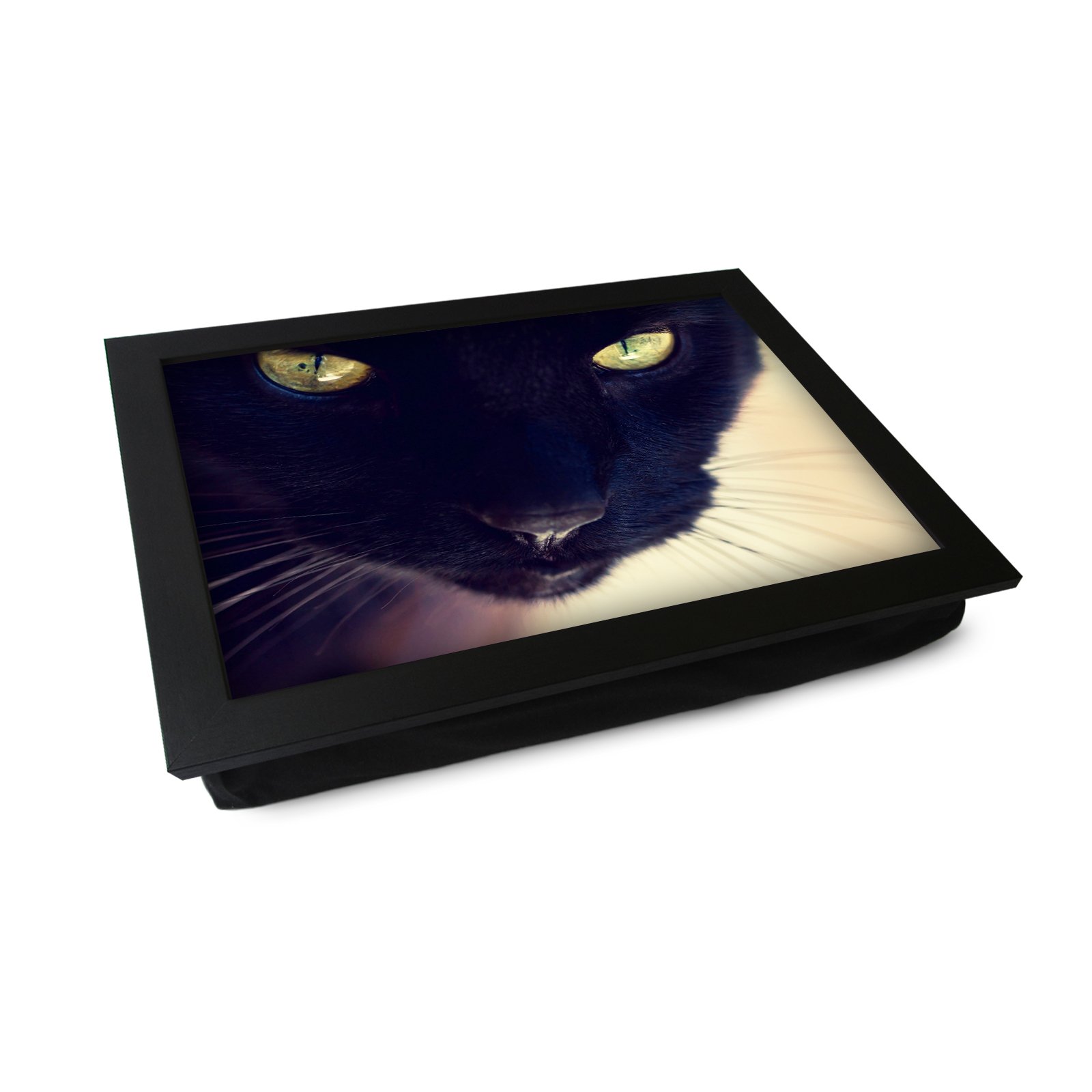 Extra Large Portable Lap Desk Tray (Black Cat) Wide Multi Purpose | Handmade Large Wooden Frame, Big Beanbag Cushion Bottom | Computers, Laptops, Meals, Food | 49.8cm | XL17 Black