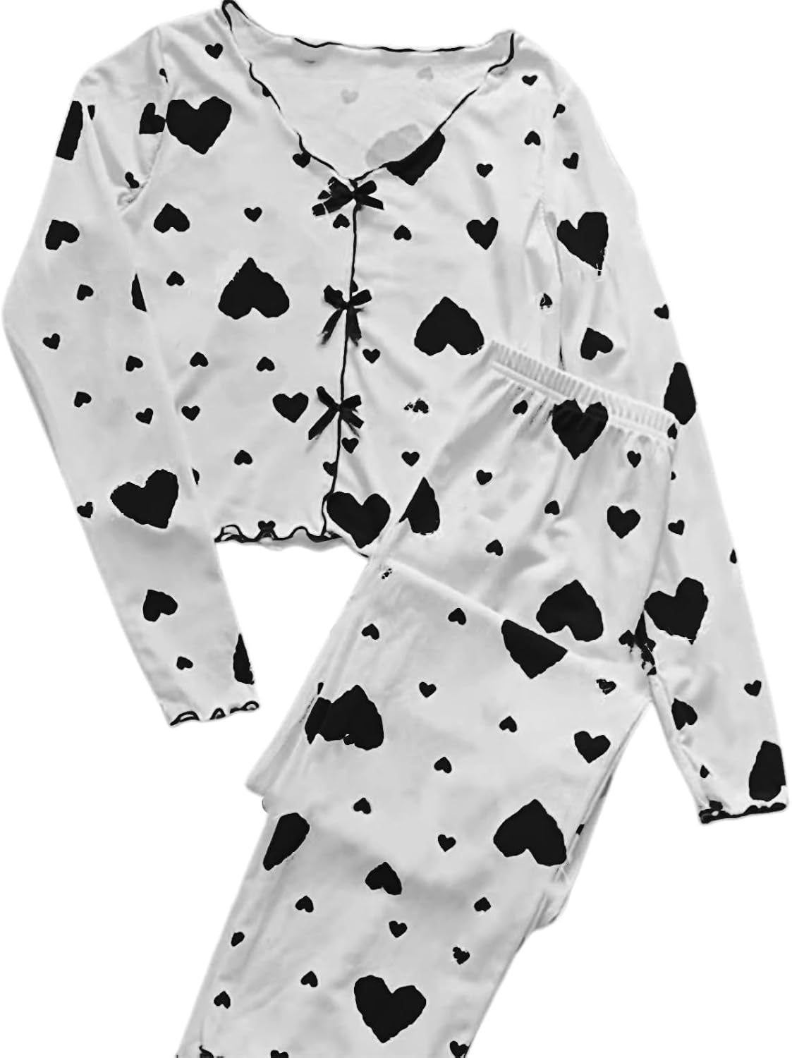 Women Pajama Pants,Womans Pajamas Long Sleeve Cute Print 2 Pieces Outfits | Pajamas For Women Set Long Sleeve Button-Up 2 Pieces Shirt With Pants Fall Winter Honeymoon Clothing Women Pajama Pants Black