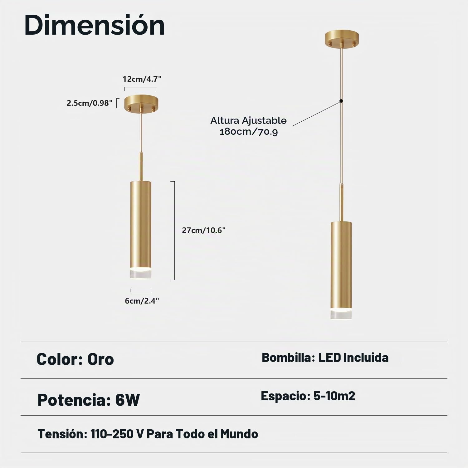 KCO Lámpara Colgante de Tubo Largo con LED Dorado Industrial, Lámpara Colgante de Cilindro en Miniatura de Latón Cepillado de Mediados de Siglo Para Isla de Cocina