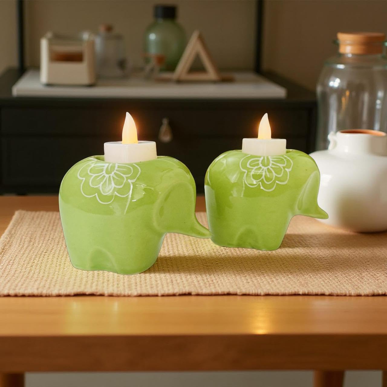 Lupaava Light Green Elephant Ceramic Tealight Candle Holder Set of 2 | Nature Serenity Decor (Green)-picture-14