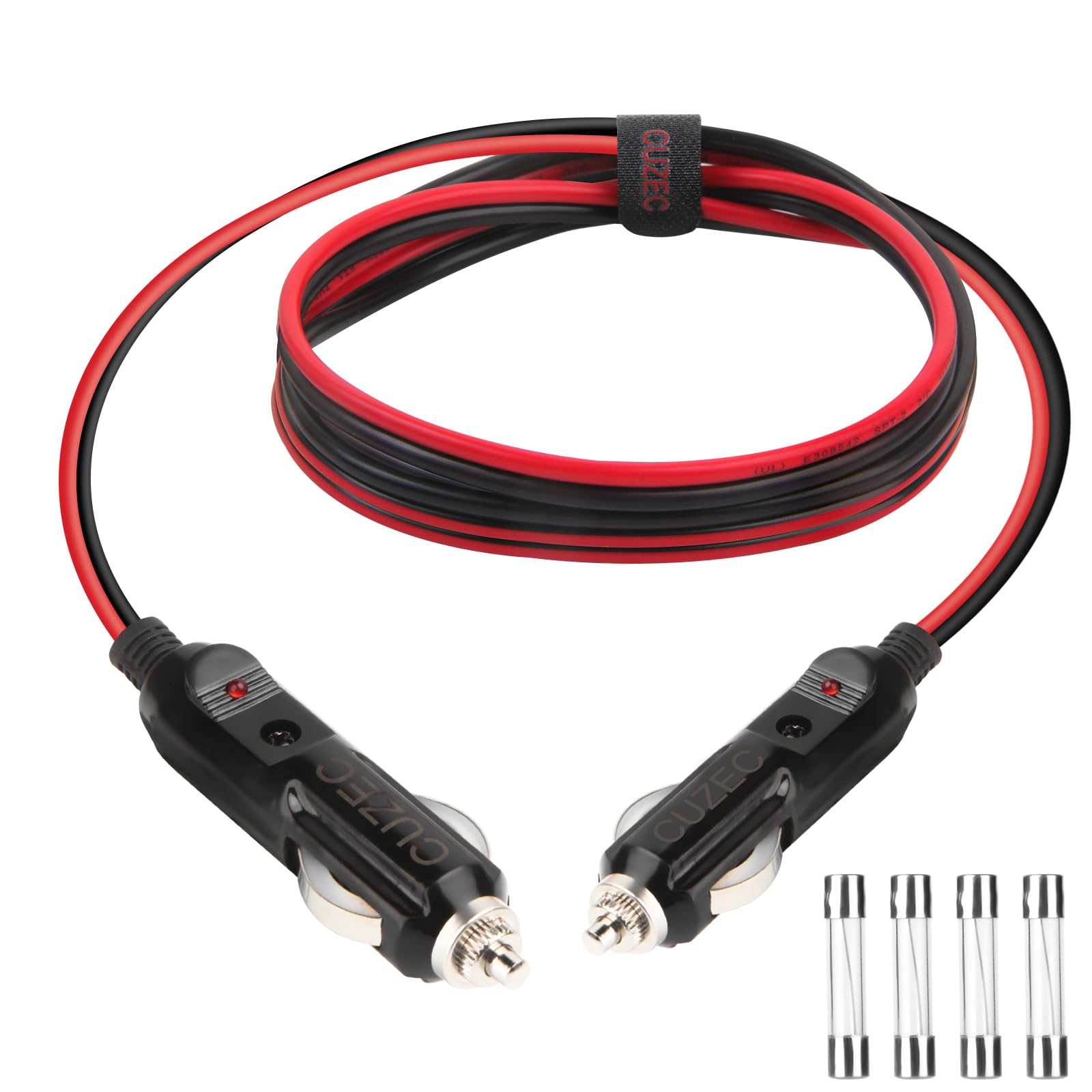 CUZEC Heavy-Duty 20A 4ft / 1.2m 14 AWG Male to Male Cigarette Lighter Plug Charger Cord with LED Indicator and 20A Fuse Protection on Both Plugs