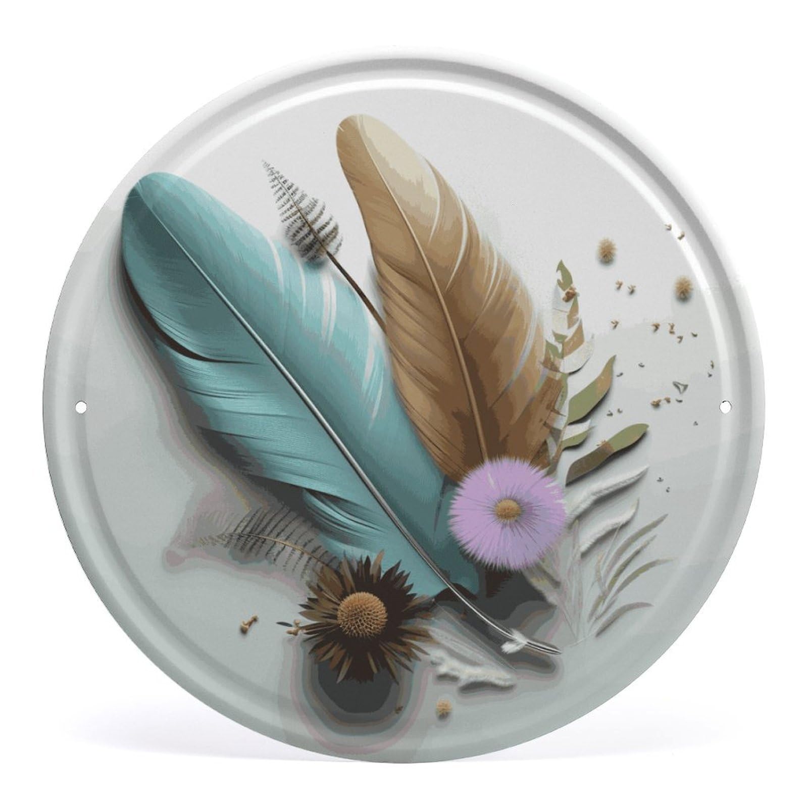 Fodpand Style Feather Flower Round Wall Art Hanging Decorations, Wall Decor Modern Minimalist Artwork, Tin Sign Hanging Picture For Living Room, Bedroom, Office, Hallway, 11.8X11.8 Inch