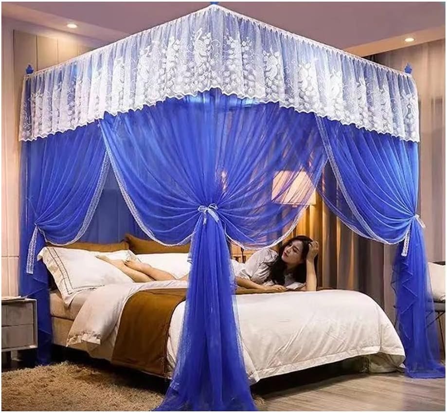 Fabric Bed Drapes Mesh Protection Canopy Shielding Netting,Blue Princess Room Bed Canopy Mosquito Net, Romantic Lace Embroidered Bed Curtains Bedroom Decor for Twin Queen King