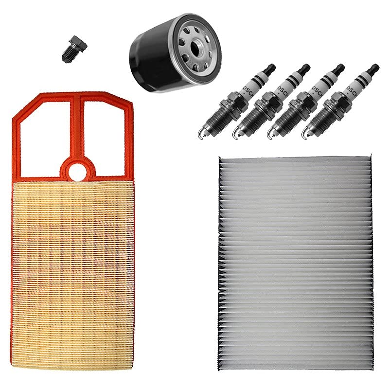 BESTPRICE Paquete de inspección juego de filtros con 1x filtro de habitáculo (filtro de polen), 1x filtro de aceite, 1x tapón de vaciado de aceite con junta, 4x bujía de encendido