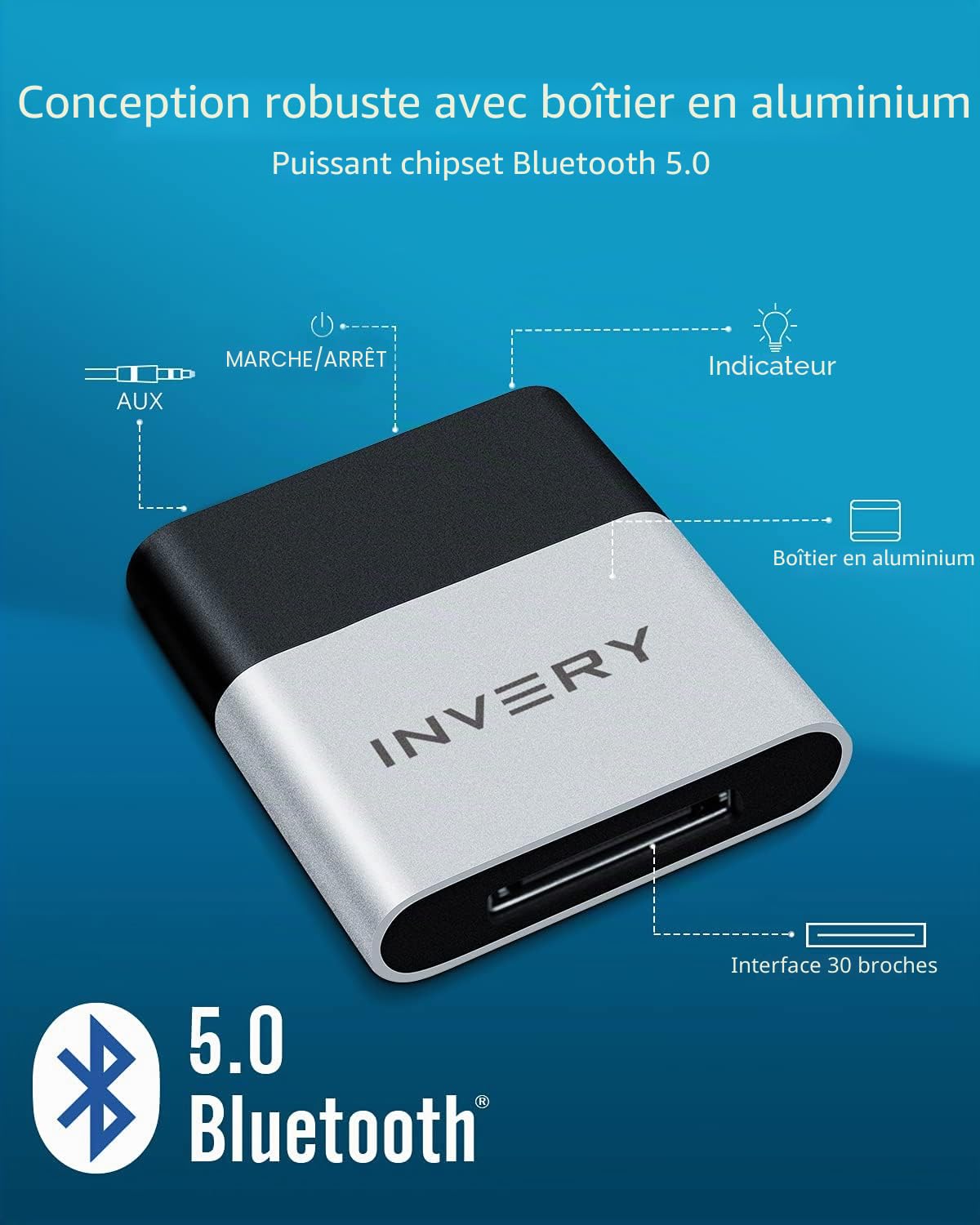 DockLinQ Pro Bluetooth 5.0 aptX Adaptateur Récepteur à Faible Latence pour Bose Sounddock et Station d'accueil Musicale 30 Broches