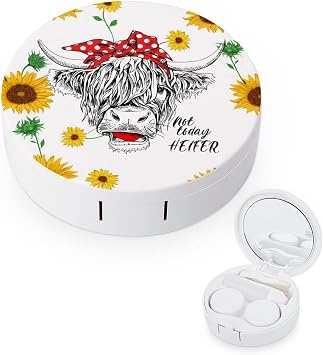 Cow Sunflower Heifer Contact Lens Case Holder with Mirror, Tweezers, Lens Cleaner Solution Bottle, Portable Travel Kit