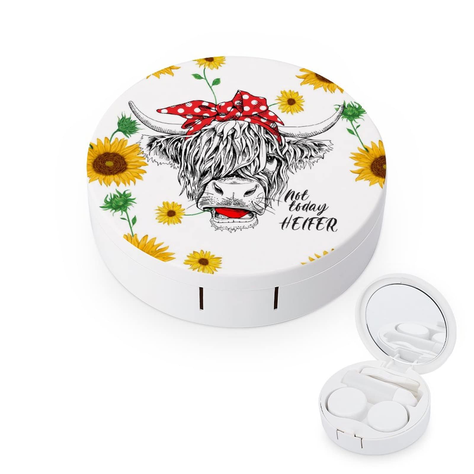 PutDiDi Cow Sunflower Heifer Contact Lens Case Holder with Mirror, Tweezers, Lens Cleaner Solution Bottle, Portable Travel Kit