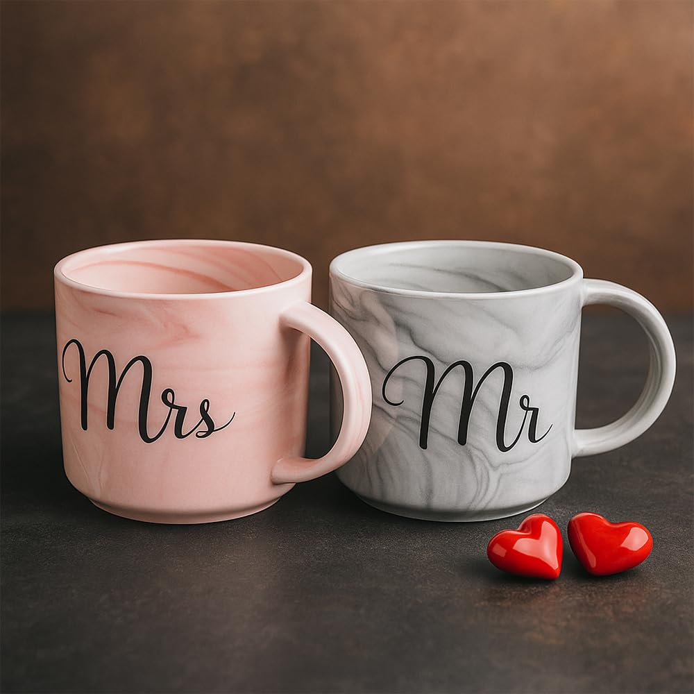 OBD Ceramic Mr & Mrs Coffee Mug Set Pink Grey Marble Design Perfect Couples Gift for Anniversary Wedding Birthday Tea and Coffee Lovers