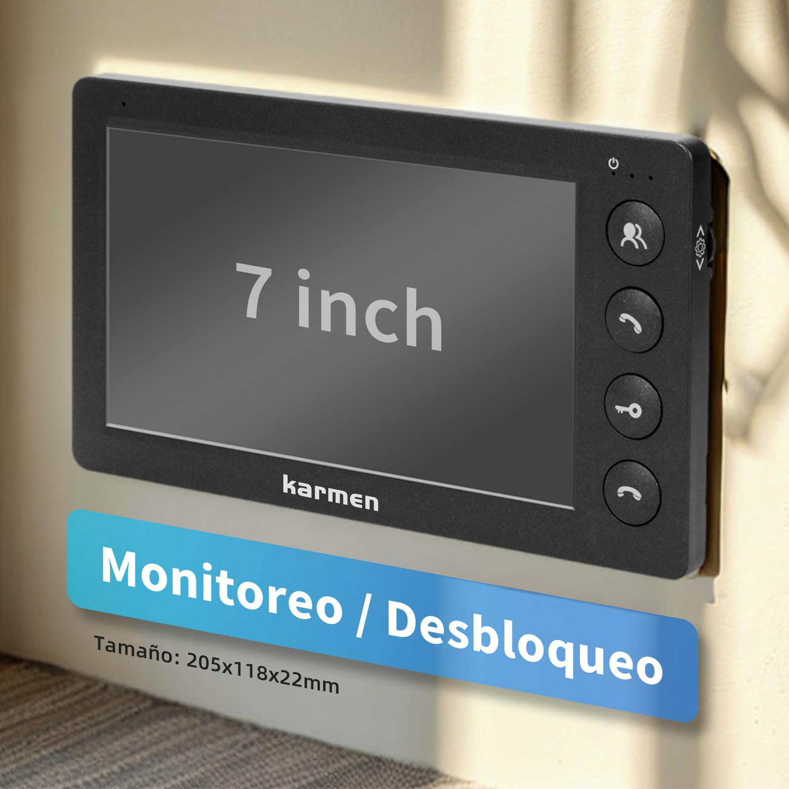Karmen Portero con vídeo de 7 Pulgadas, Timbre de Metal, visión Nocturna infrarroja, Impermeable IP65, 16 Tonos, Control Remoto, Negro