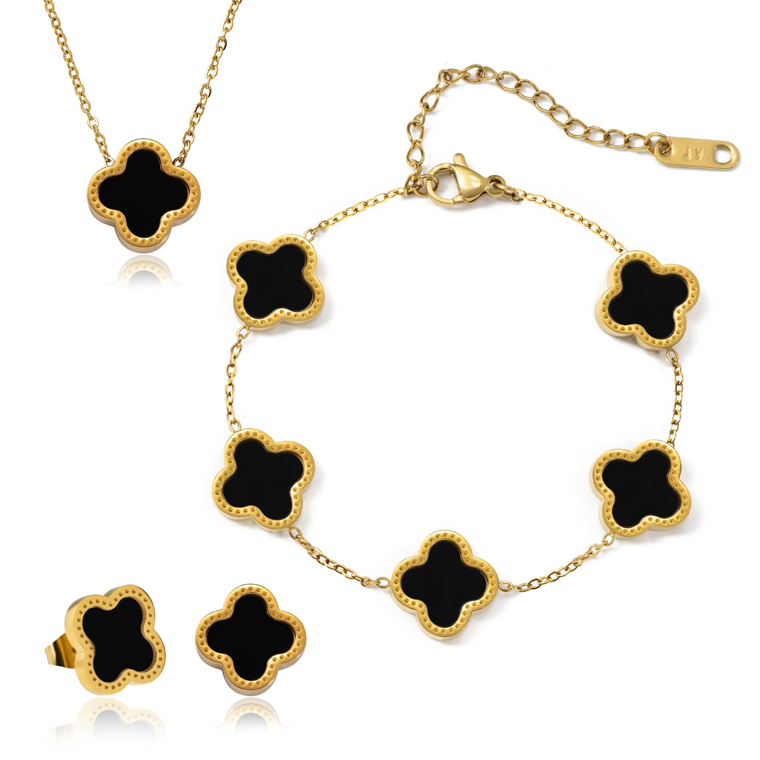 ONERVA3 PC Set I 18K Gold Plated Four Leaf Clover Necklace I Clover Bracelet I Clover Earrings I Dainty Clover Necklaces For Women I Valentines Gift I Anniversary I Wedding I Occasion