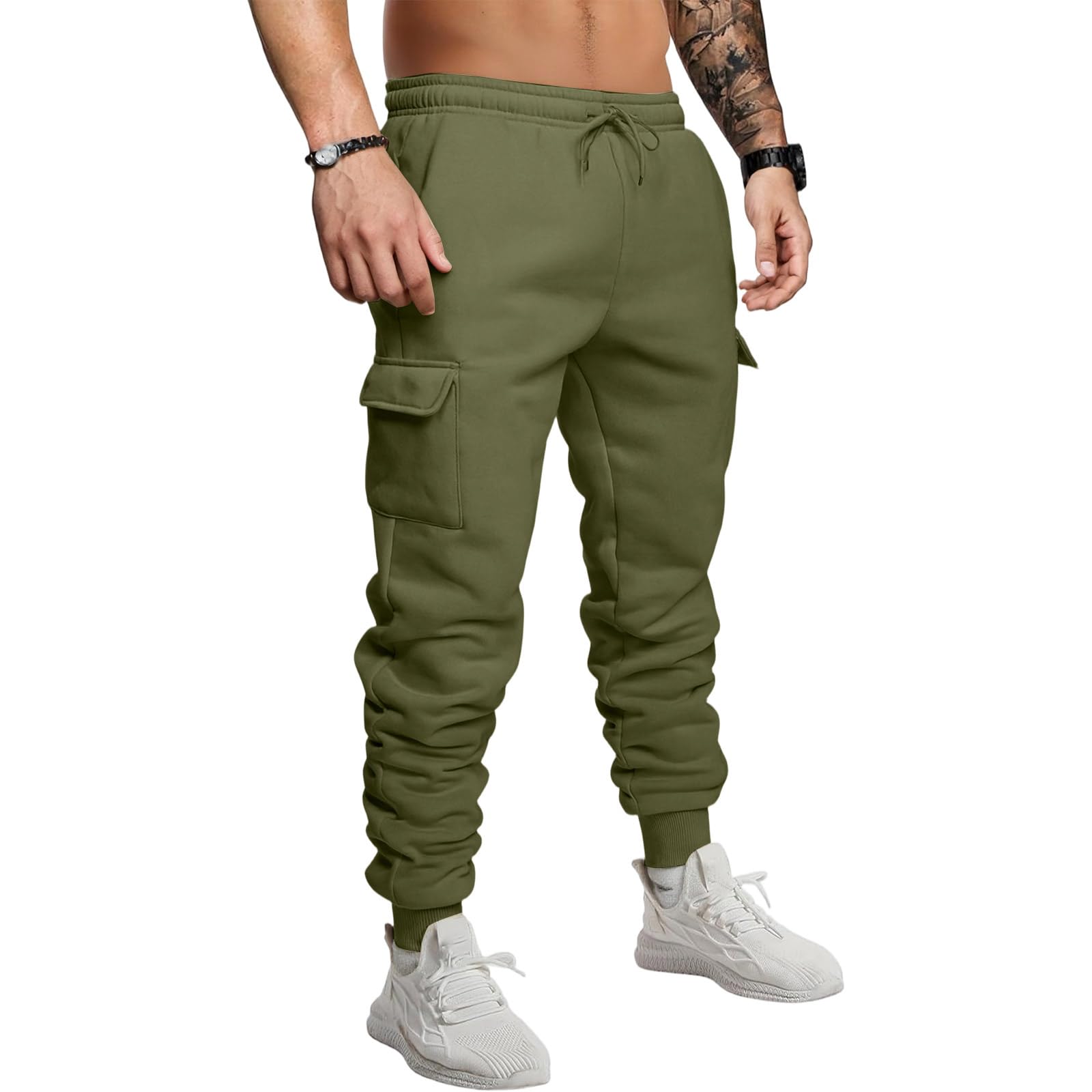 Fleece Cargo Sweatpants for Men Baggy Heavyweight Sweatpants with Pockets Drawstring Elastic Waist Athletic Joggers