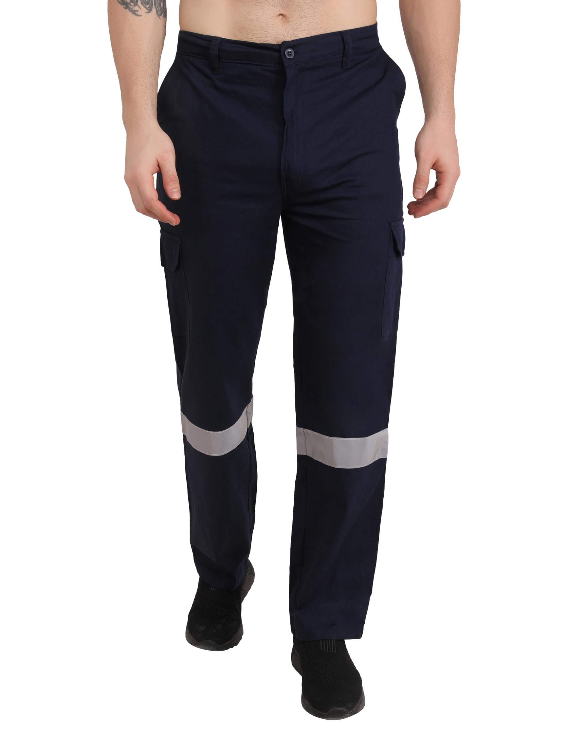 CLUB TWENTY ONE Workwear Men's Cotton High Visibility Pant | Pre Shrunken Fabric | Multiple Pockets | Reflective Tape (Navy Blue)