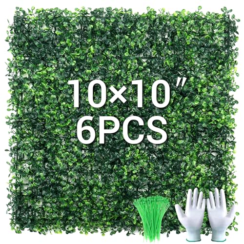 Homiton 6Pcs 10” x 10” Grass Wall Panels, Artificial Greenery Backdrop Boxwood Panels with 50 Zip Ties, Anti-UV Fake Grass Decor for Indoor Outdoor Privacy Wall Garden Party (Green-6P)