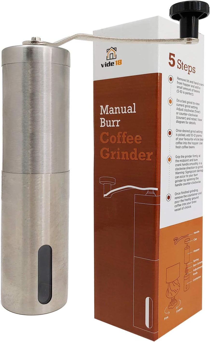 Portable Manual Coffee Grinder by vide18, Brushed Stainless Steel, Ceramic Blade, Conical Burr Coffee Bean Grinder for Home, Travel & Camping