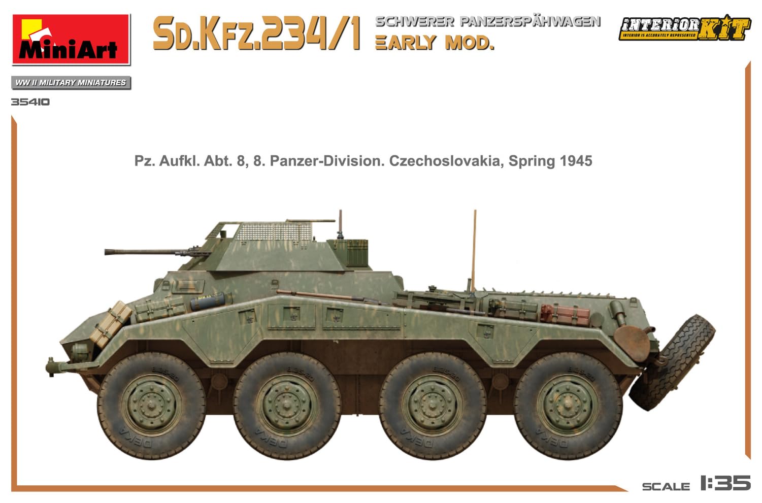 Mini Art 35410 1:35 Sd. Kfz 234/4 Pancerspähwag z Int. - wierna replika, modelarstwo, plastikowy zestaw do montażu, majsterkowanie, hobby, klejenie, zestaw modelarski, montaż, nielakierowany