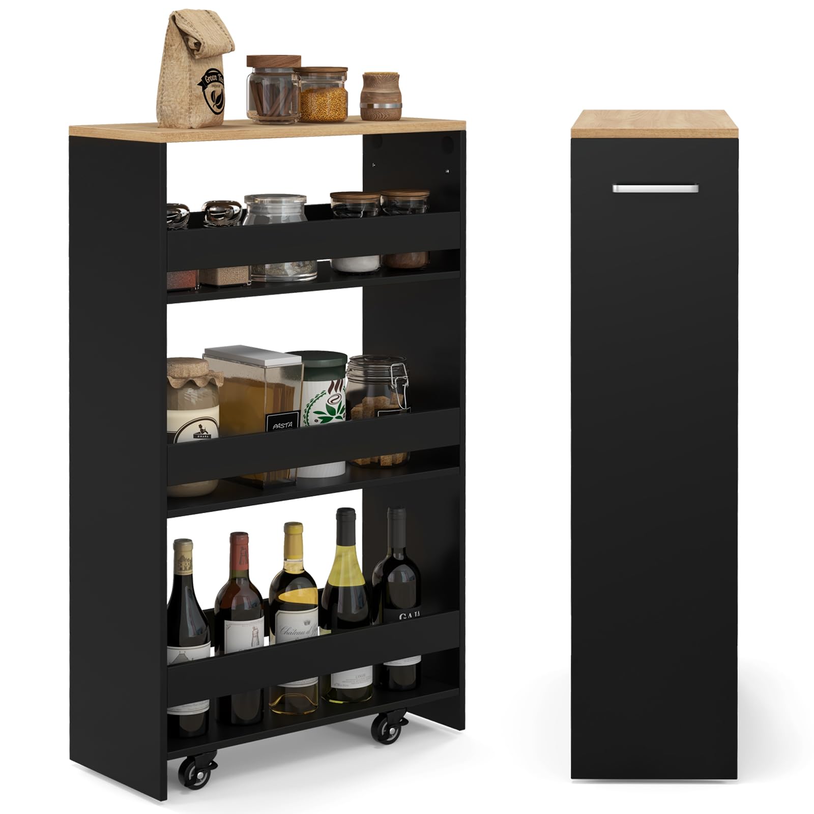 FANTASK Nischenregal 20 cm Breit, Nischenwagen auf Rollen 4 Etagen, Nischenschrank schmal mit Griff & Geländern, Rollregal Holz für Küche, Badezimmer, 47,5 x 20 x 80,5 cm (Schwarz)