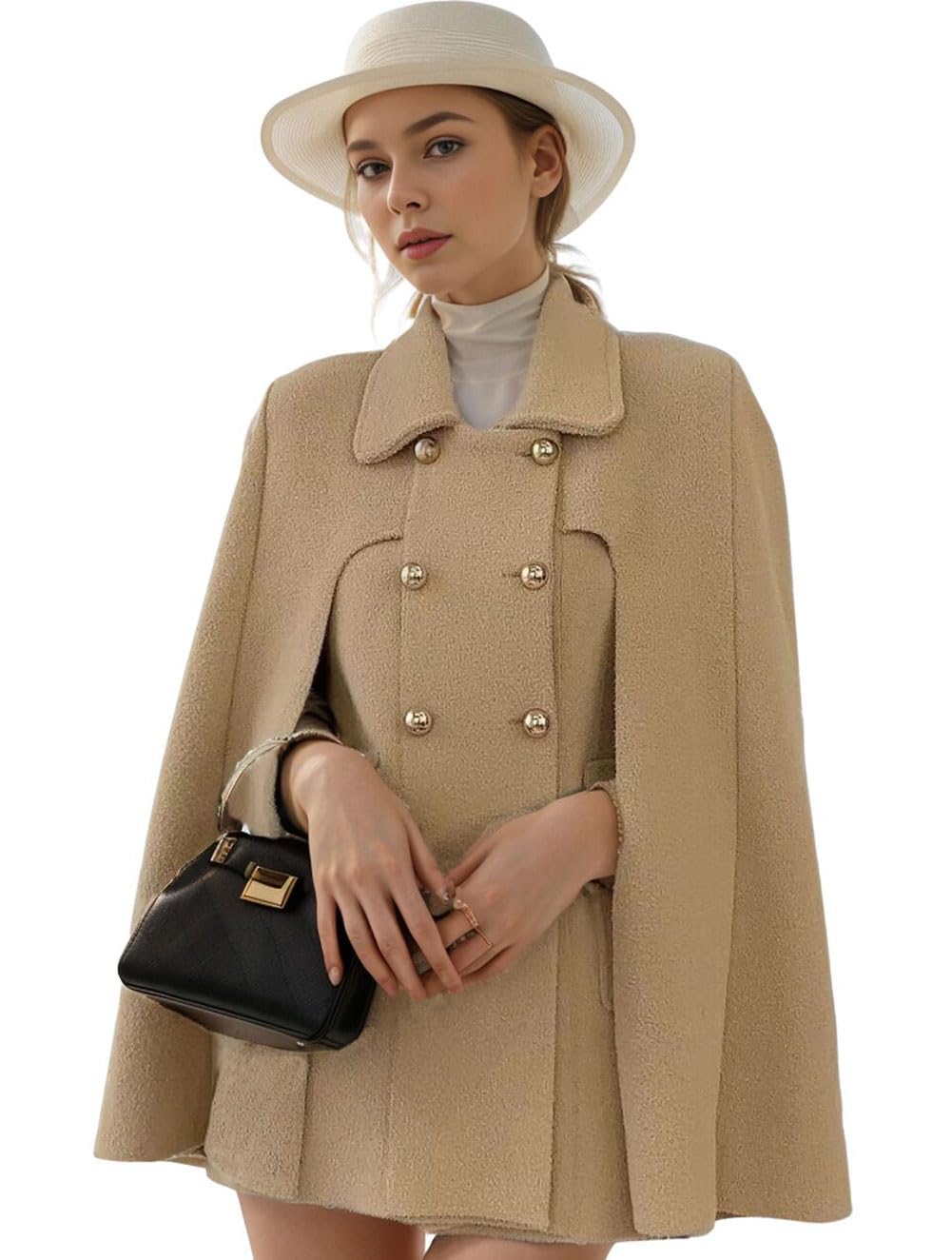 CHARTOU Women's Elegant Poncho Double-Breast Slit Sleeve Flowy Wool Blend Cape Cloak Coat