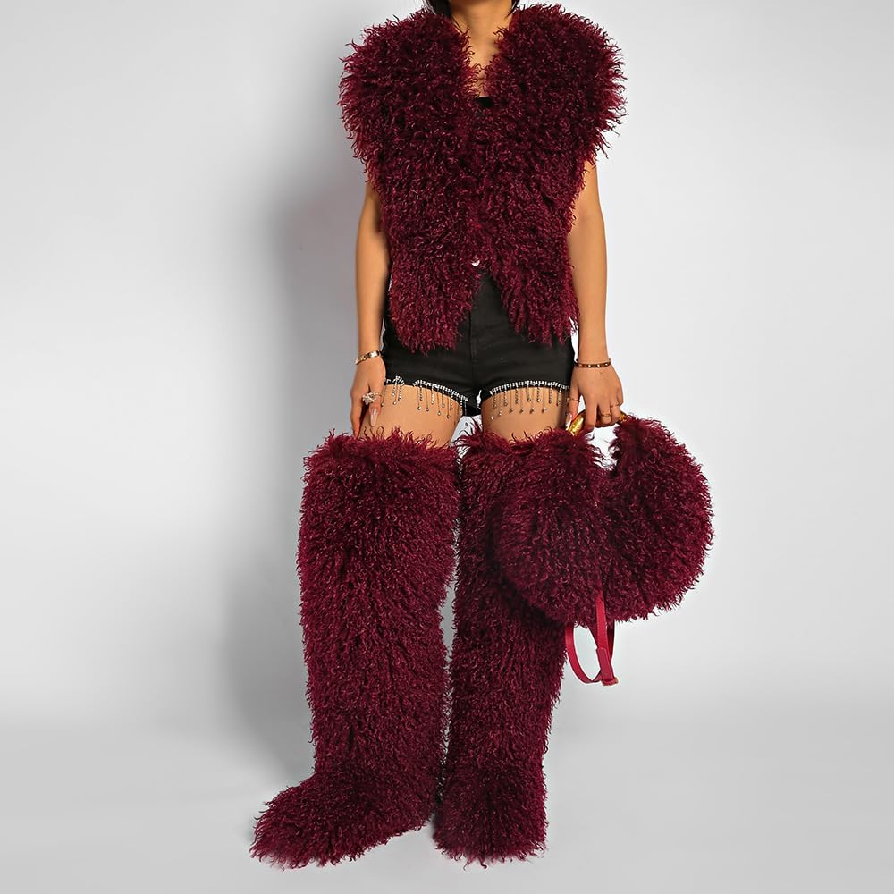 Women’s Round Shaped Fluffy Faux Fur Large Handbag Fuzzy Furry Mongolian Crossbody Shoulder Bag Satchel