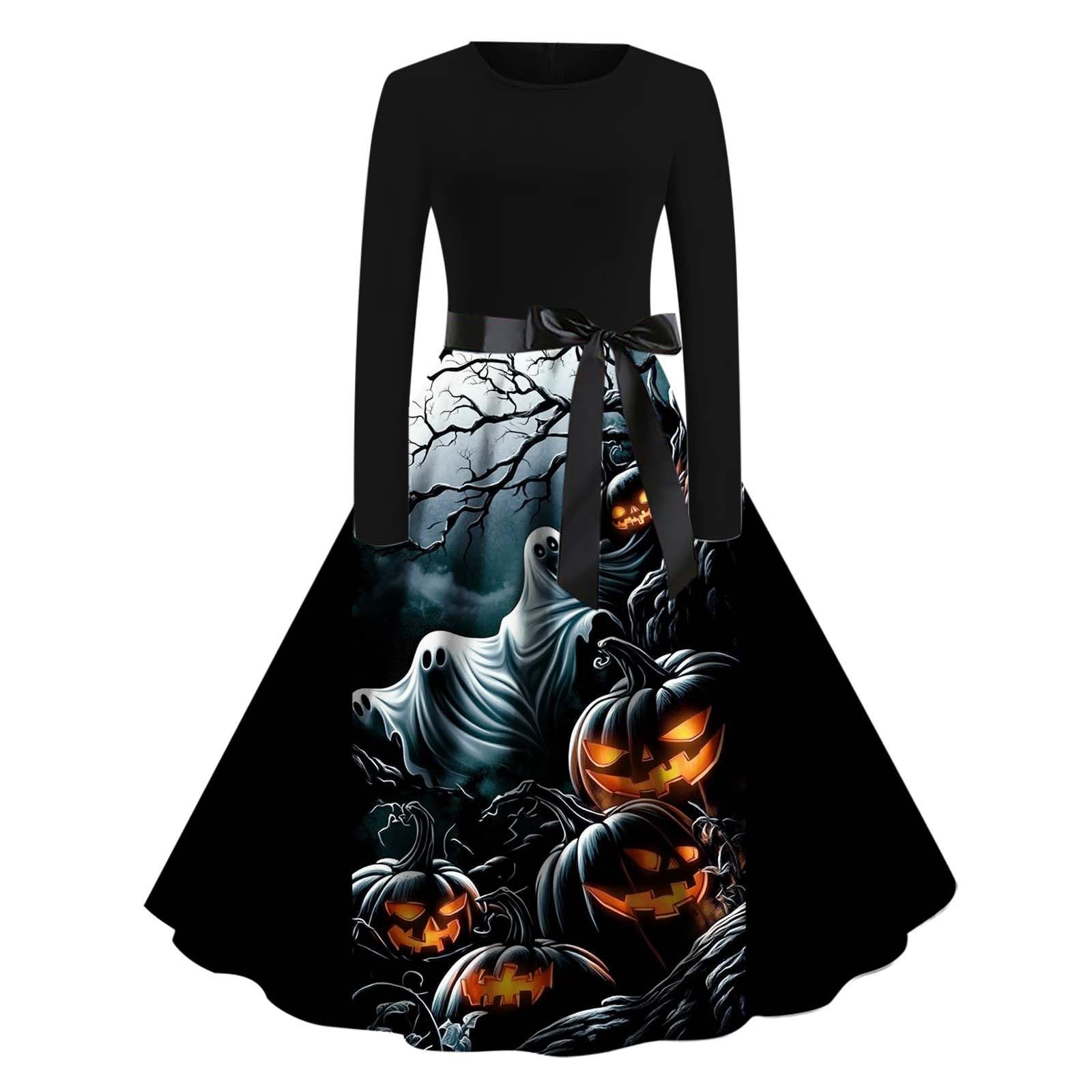 HAOLEI Halloween Costumes Adult Women, Ladies Halloween Dress Retro Pumpkin Skeleton Print Long Sleeve A Line Swing Dress Black Vintage Skull Witch Rockabilly Party Cocktail Novelty Dresses