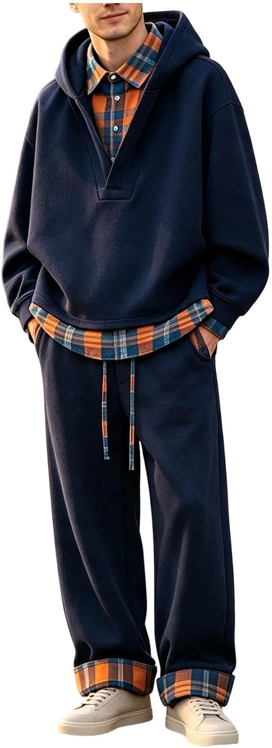 Men's Plaid Patchwork Hoodie Set Casual Streetwear Jogger Tracksuit