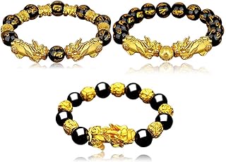 Feng Shui Lucky Nafu Wealth Bracelet Pi Xiu Pi Yao Black Beads Obsidian Friendship Charm Bracelet for Men Women Adjustable Set, 7.5 inches, obsidian