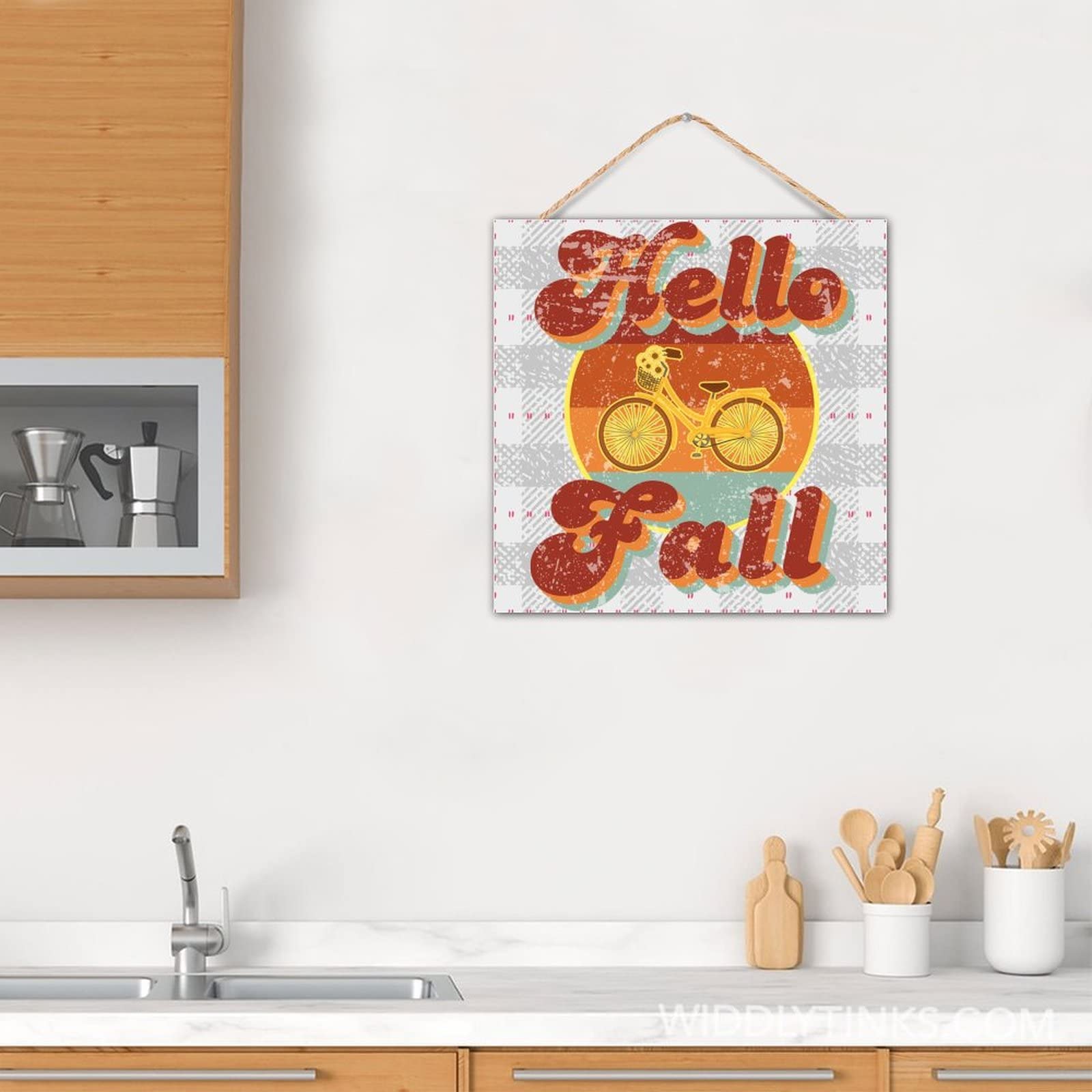 Chinoiserie Targa In Legno Hello Fall Con Zucca Autunnale Blu E Bianca - Decorazione Da Parete Rustica 26x20 Cm Per Soggiorno, Camera, Cucina